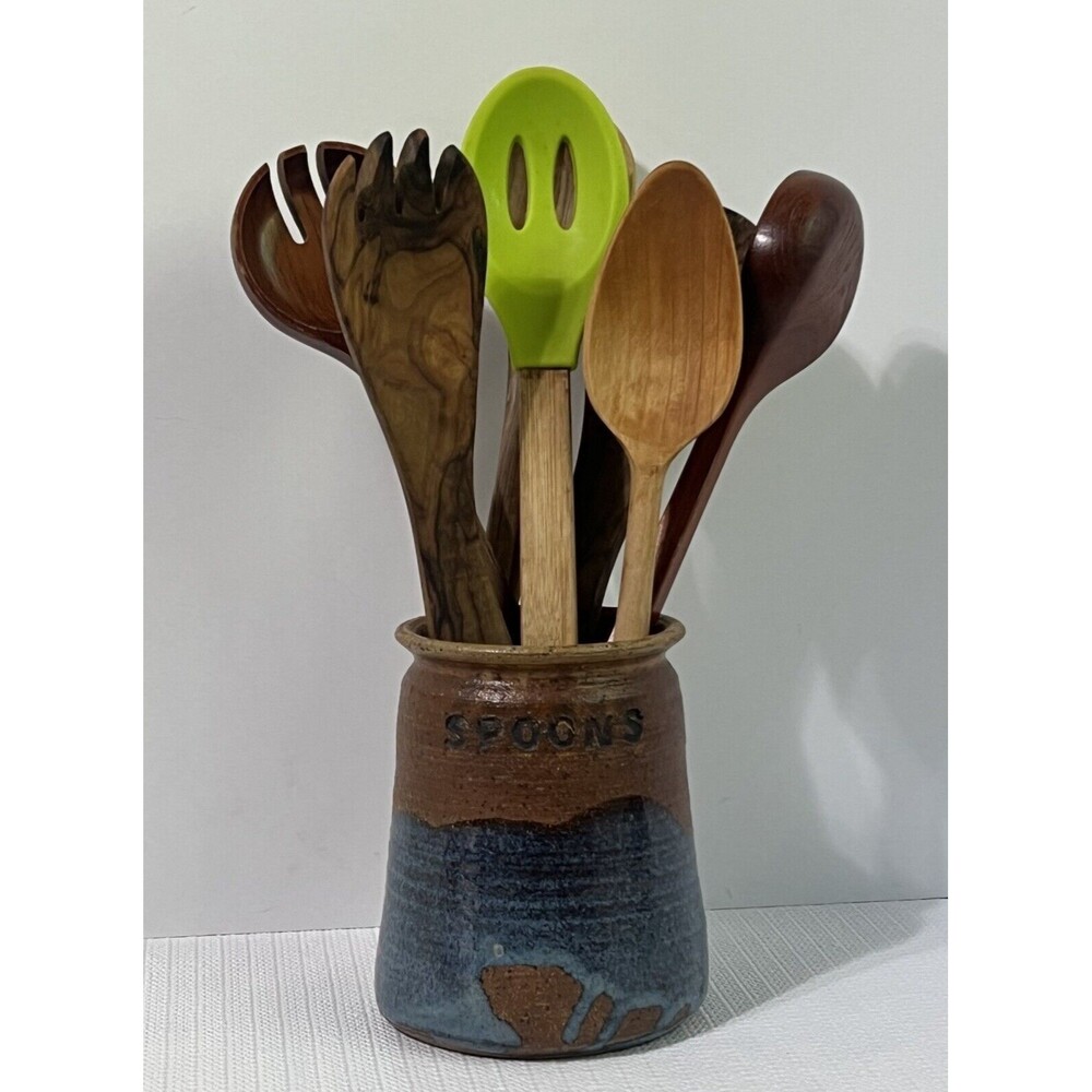 VINTAGE 1977 Stoneware SPOONS Utensil Crock Cobalt Blue Drip Glaze Artist Signed